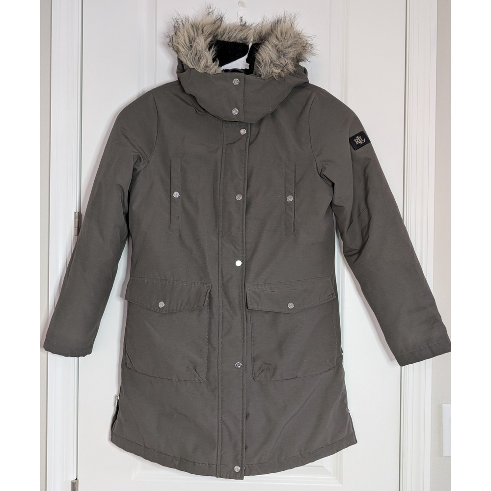 Lauren Ralph Lauren Parka Womens S Faux Fur Trim Hooded Jacket Olive/Gray w/Flaw